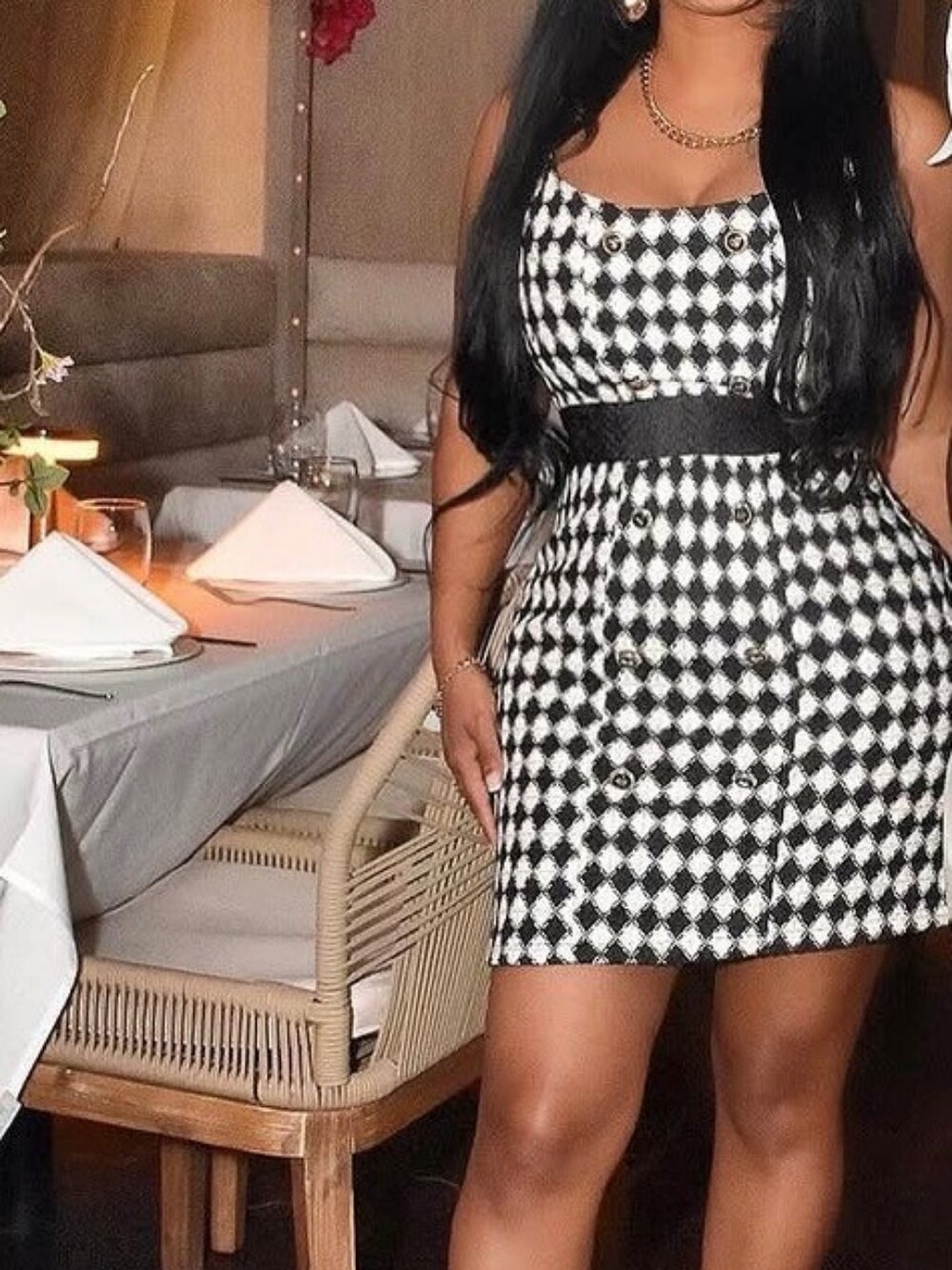 Fashion Nova Black and White Strapless Diamond-Pattern Dress Size Medium